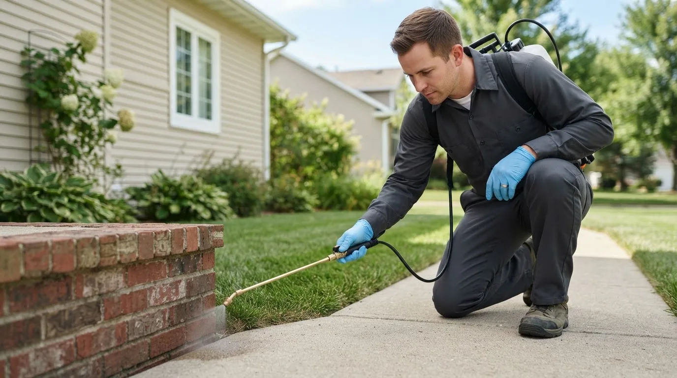 Pest control technician treating a home near Reva, VA